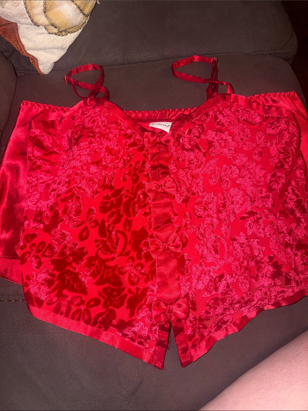 Red Satin Floral Lace Camisole Top with shorts - Women Intimates